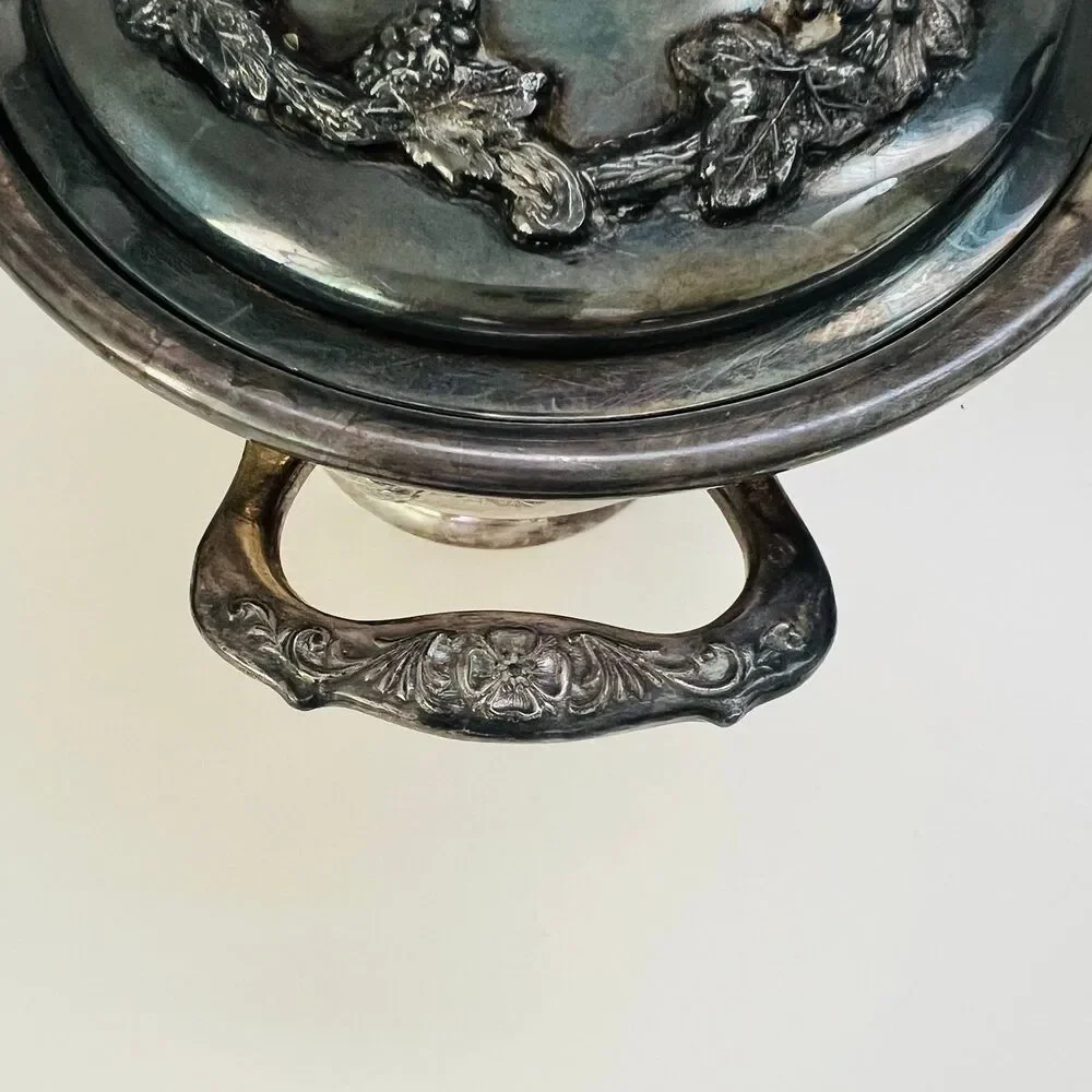 Victorian Silver Plated Ornate Grape & Vine Sugar Serving Bowl With Lid